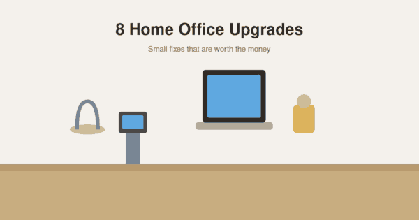 Flat illustration of a home office desk setup with a monitor, laptop stand, lamp, and plant
