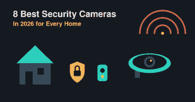 Flat illustration of a dome security camera, smart house with shield, and video doorbell