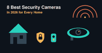 Flat illustration of a dome security camera, smart house with shield, and video doorbell