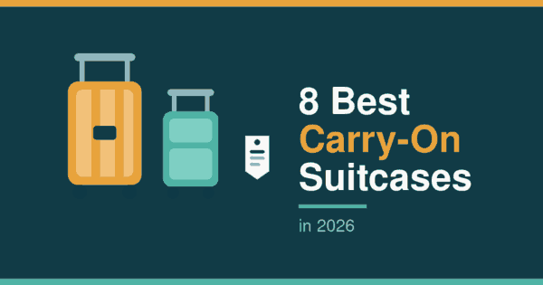 Flat illustration of two carry-on suitcases and a luggage tag, header for the best carry-on suitcases 2026 article