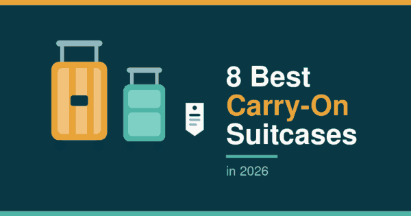 Flat illustration of two carry-on suitcases and a luggage tag, header for the best carry-on suitcases 2026 article