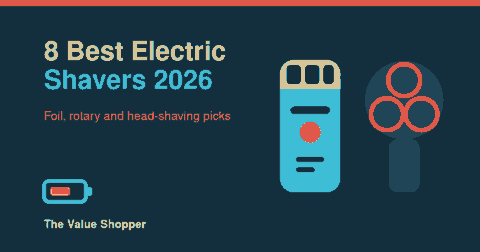 Flat illustration of a teal foil electric shaver beside a three-head rotary shaver with a battery charge icon, header for the best electric shavers 2026 article