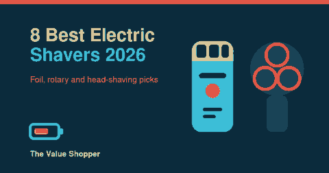 Flat illustration of a teal foil electric shaver beside a three-head rotary shaver with a battery charge icon, header for the best electric shavers 2026 article