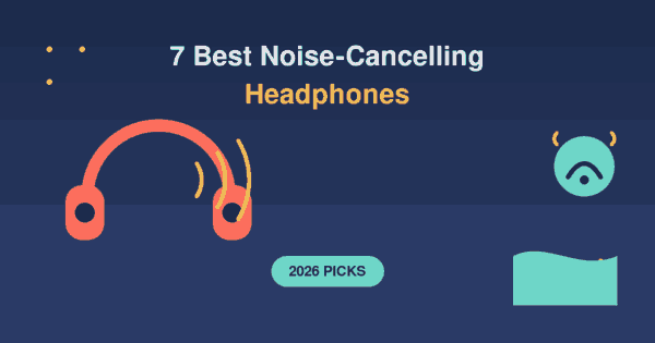 Flat illustration of over-ear noise-cancelling headphones with sound waves and a wireless connectivity icon