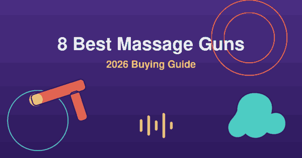 Flat illustration of a purple percussion massage gun beside muscle and pulse wave icons, header for the best massage guns 2026 article