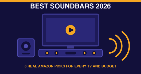Flat illustration of a TV, soundbar, subwoofer and sound waves, header for the best soundbars 2026 article
