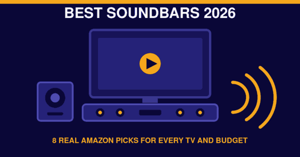 Flat illustration of a TV, soundbar, subwoofer and sound waves, header for the best soundbars 2026 article