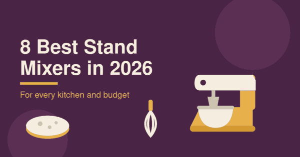 Flat illustration of a gold and cream stand mixer with a mixing bowl, a whisk, and a mound of flour on a plum background, header for the best stand mixers 2026 article