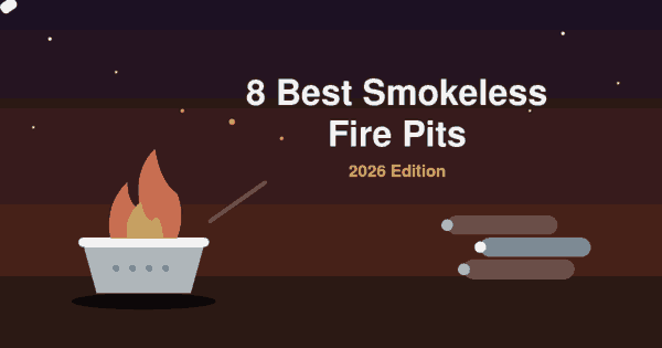 Flat illustration of a stainless steel smokeless fire pit with flames, a roasting stick and stacked logs at dusk, header for the best smokeless fire pits 2026 article