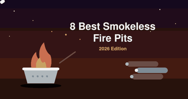 Flat illustration of a stainless steel smokeless fire pit with flames, a roasting stick and stacked logs at dusk, header for the best smokeless fire pits 2026 article
