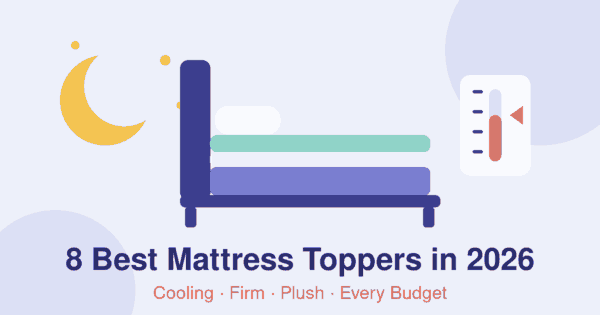 Flat illustration of a bed with a teal mattress topper layered on a purple mattress, a crescent moon and a thickness gauge, header for the best mattress toppers 2026 article