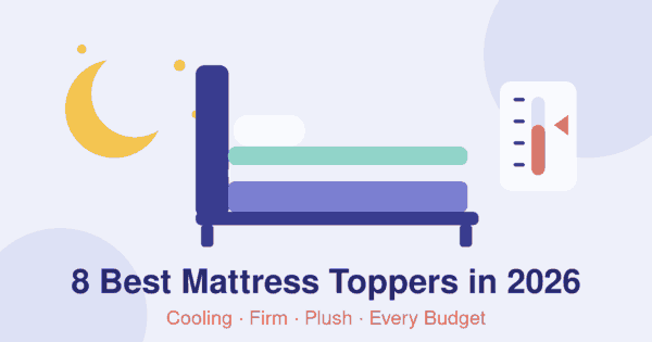 Flat illustration of a bed with a teal mattress topper layered on a purple mattress, a crescent moon and a thickness gauge, header for the best mattress toppers 2026 article
