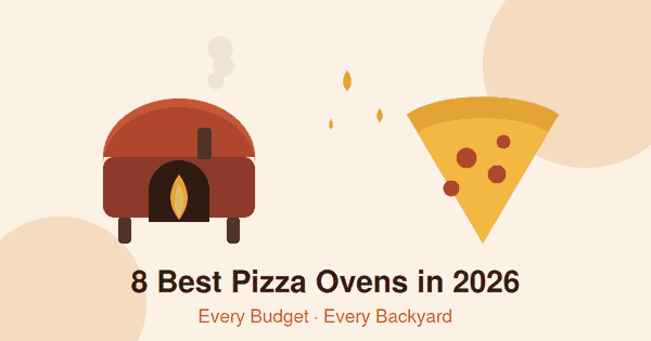 Flat illustration of a red dome pizza oven with an orange flame and a pizza slice with pepperoni, header for the best pizza ovens 2026 article