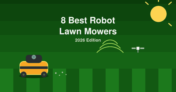 Flat illustration of an orange robot lawn mower with GPS satellite signal arcs on a striped green lawn, header for the best robot lawn mowers 2026 article