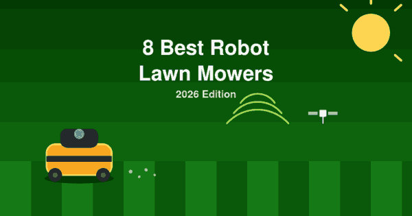 Flat illustration of an orange robot lawn mower with GPS satellite signal arcs on a striped green lawn, header for the best robot lawn mowers 2026 article