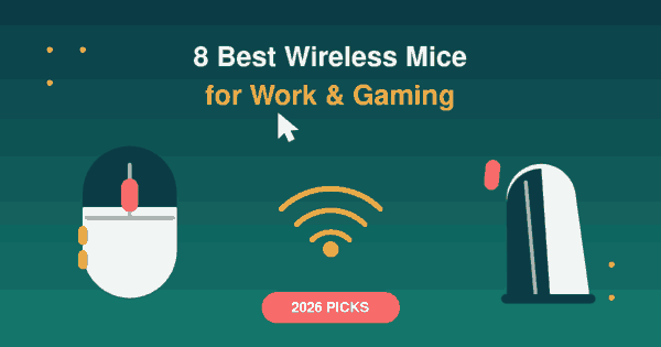 Flat illustration of a standard wireless mouse and a vertical ergonomic mouse with a wireless signal icon between them, header for the best wireless mice 2026 article