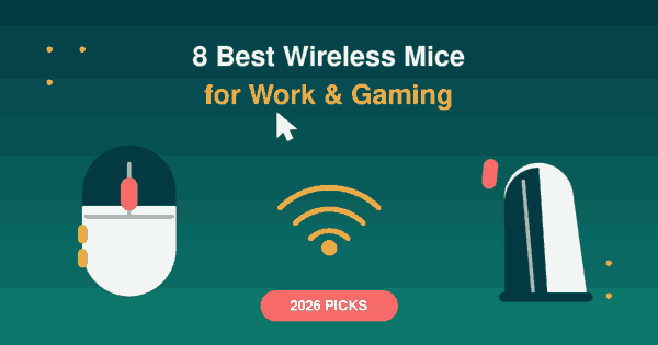 Flat illustration of a standard wireless mouse and a vertical ergonomic mouse with a wireless signal icon between them, header for the best wireless mice 2026 article