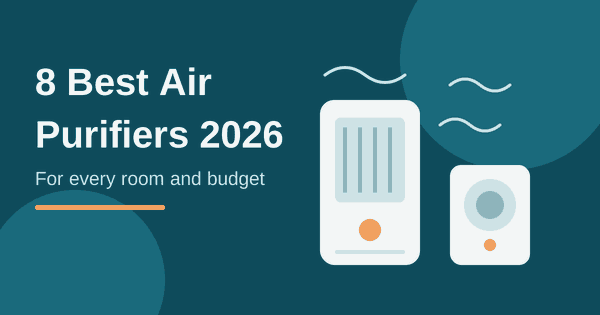 Flat illustration of two air purifiers with airflow lines, header for the best air purifiers 2026 article