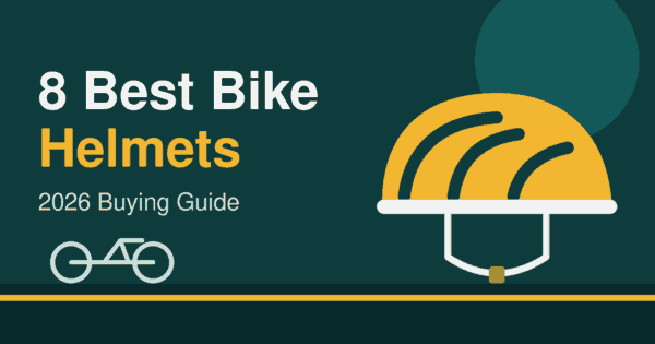 Flat illustration of a yellow bike helmet with straps and a bicycle on a dark teal background, header for the best bike helmets 2026 article