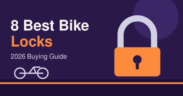 Flat illustration of a bike U-lock with a bicycle outline, header for the best bike locks 2026 article