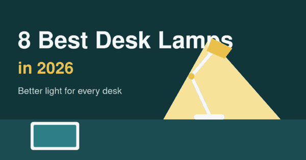 Flat illustration of a desk lamp lighting a desk with a monitor on a dark teal background, header for the best desk lamps 2026 article