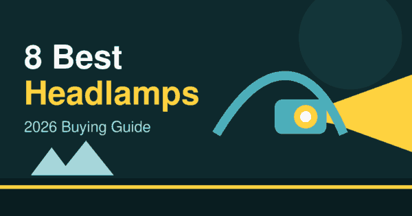 Flat illustration of a headlamp casting a beam of light, header for the best headlamps 2026 article