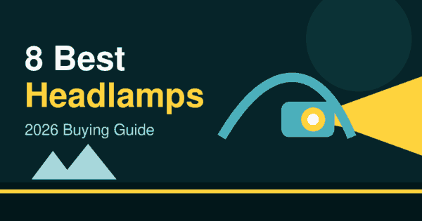 Flat illustration of a headlamp casting a beam of light, header for the best headlamps 2026 article