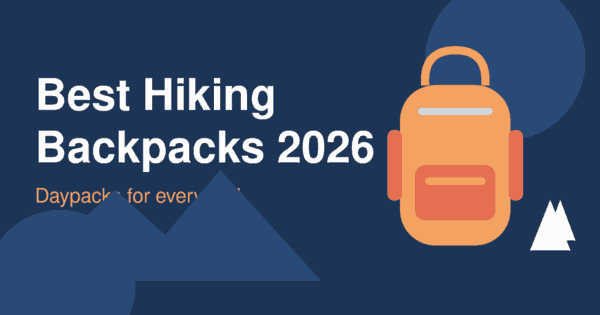 Flat illustration of an orange hiking backpack with mountains and pine trees on a dark blue background, header for the best hiking backpacks 2026 article