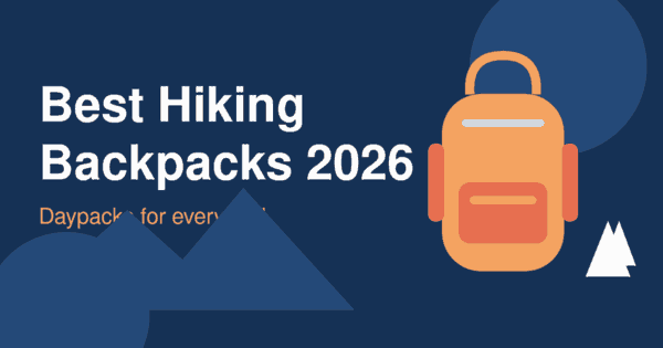 Flat illustration of an orange hiking backpack with mountains and pine trees on a dark blue background, header for the best hiking backpacks 2026 article