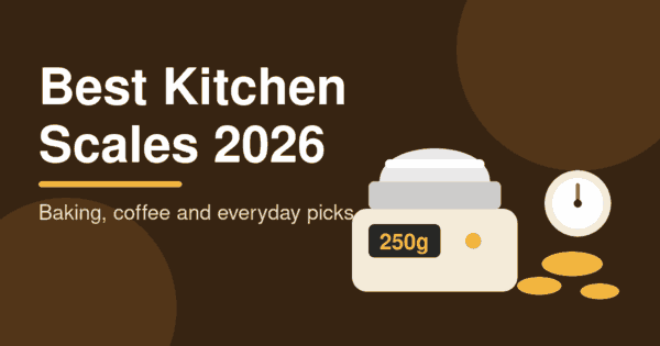Flat illustration of a digital kitchen scale with a mixing bowl, a dial scale and baking ingredients, header for the best kitchen scales 2026 article