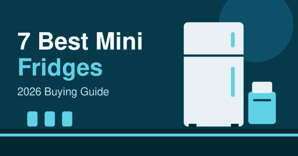 Flat illustration of a mini fridge and a small cooler on a dark teal background, header for the best mini fridges 2026 article
