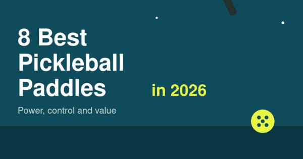 Flat illustration of an orange pickleball paddle and ball on a teal background, header for the best pickleball paddles 2026 article