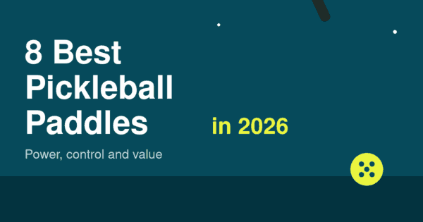 Flat illustration of an orange pickleball paddle and ball on a teal background, header for the best pickleball paddles 2026 article