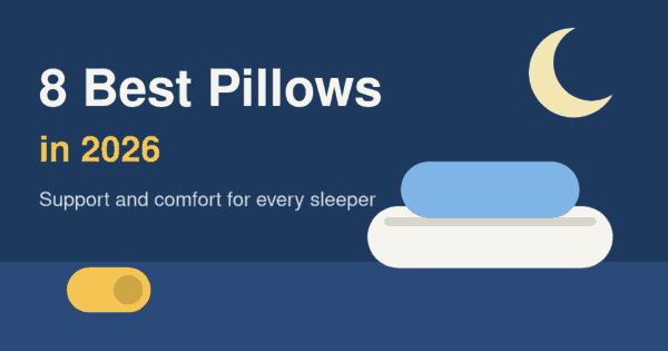 Flat illustration of two stacked pillows under a crescent moon on a navy background, header for the best pillows 2026 article