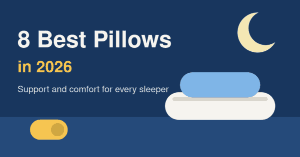 Flat illustration of two stacked pillows under a crescent moon on a navy background, header for the best pillows 2026 article