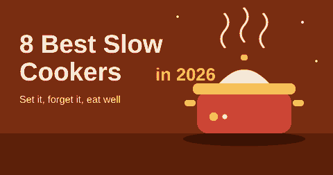 Flat illustration of a red slow cooker with steam on a warm orange background, header for the best slow cookers 2026 article