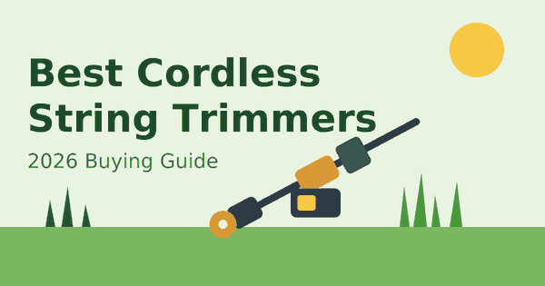 Flat illustration of a cordless string trimmer on a green lawn, header for the best cordless string trimmers 2026 article