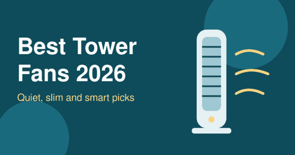 Flat illustration of a slim tower fan with airflow lines on a dark teal background, header for the best tower fans 2026 article