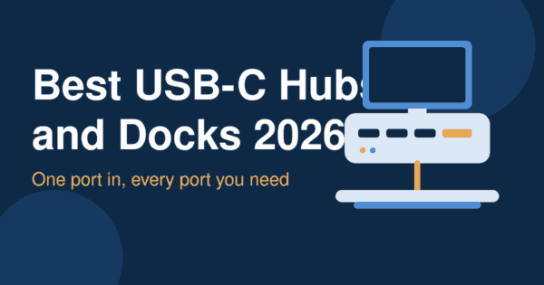 Flat illustration of a USB-C hub with ports connected to a laptop and a monitor on a dark blue background, header for the best USB-C hubs 2026 article