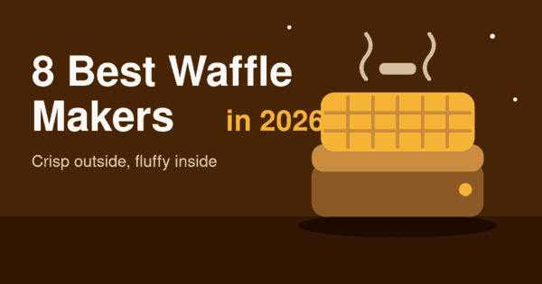 Flat illustration of a golden waffle maker with steam on a dark brown background, header for the best waffle makers 2026 article