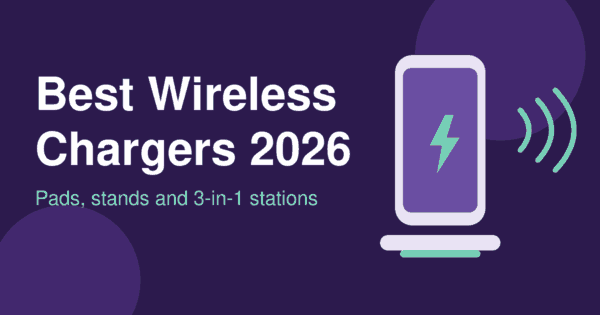 Flat illustration of a smartphone charging on a wireless pad with signal waves on a dark purple background, header for the best wireless chargers 2026 article