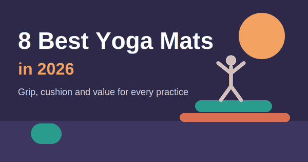 Flat illustration of a person in a yoga pose on a teal mat above an orange mat at sunset, header for the best yoga mats 2026 article